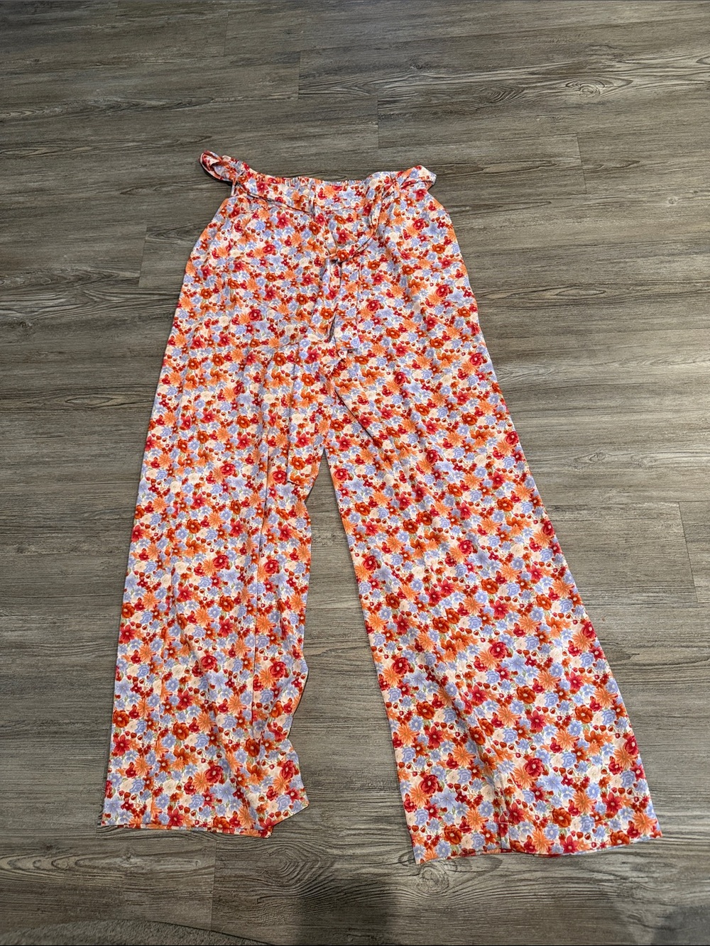 Forever 21 Orange & White Floral Wide-Leg Pants with Tie Waist